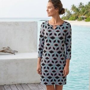 Kaari Blue Geometric Shift Dress Boho Coastal Resort Keyhole Mod 3/4 Sleeve